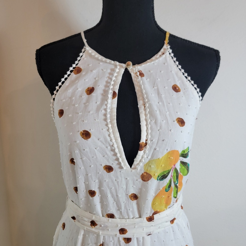 Farm Rio Women XS White Lemon Polka Dot Tiered Halter Maxi Dress Vacation Picnic - Picture 7 of 16